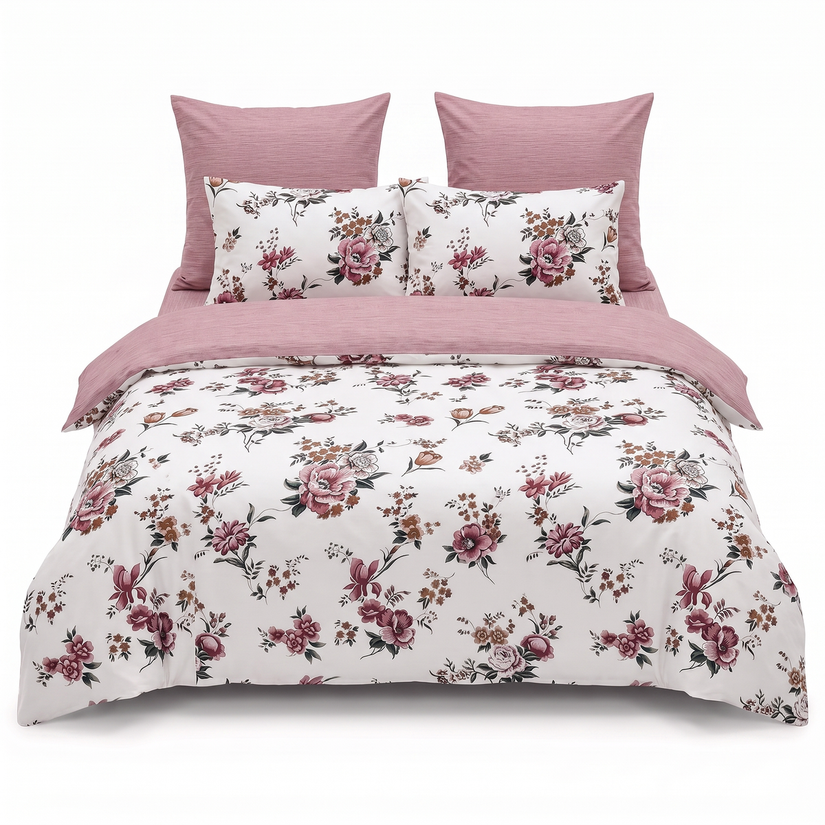 Komplet pościeli bez gumki w kolorze białym i różowym, w kwiaty — widok z przodu