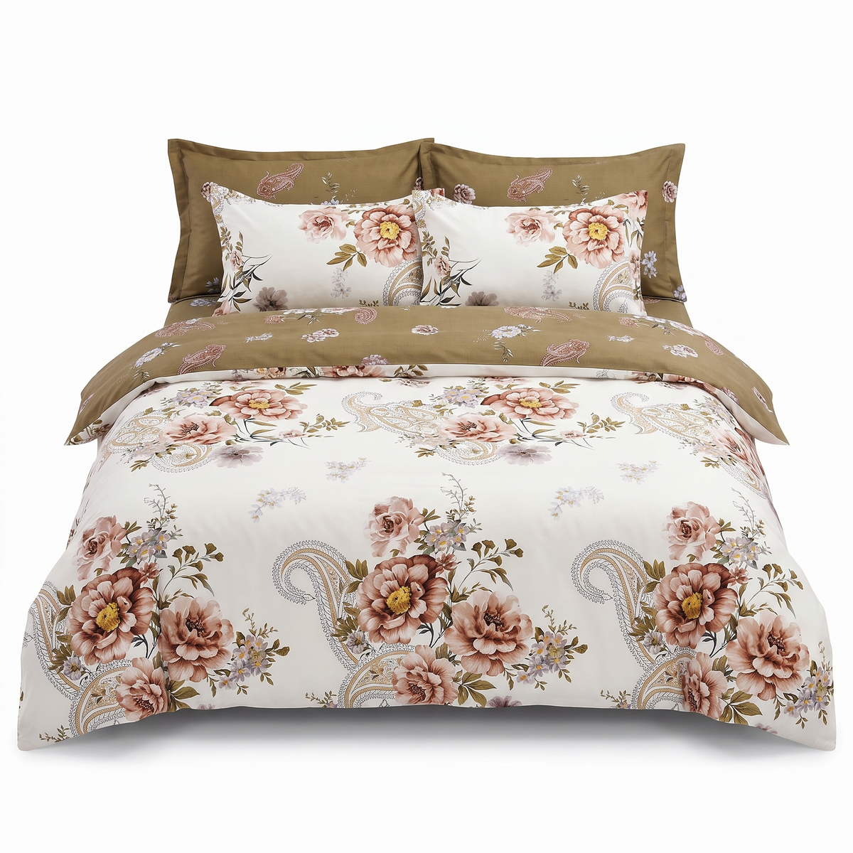 Komplet pościeli bez gumki w kolorze białym, w różowe kwiaty — widok z przodu