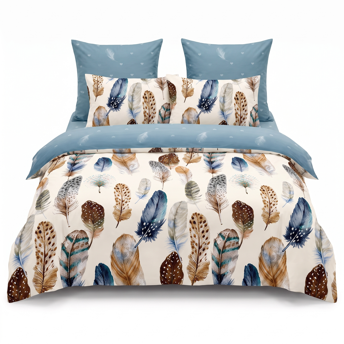 Komplet pościeli z gumką w kolorze białym i niebieskim, w pióra — widok z przodu