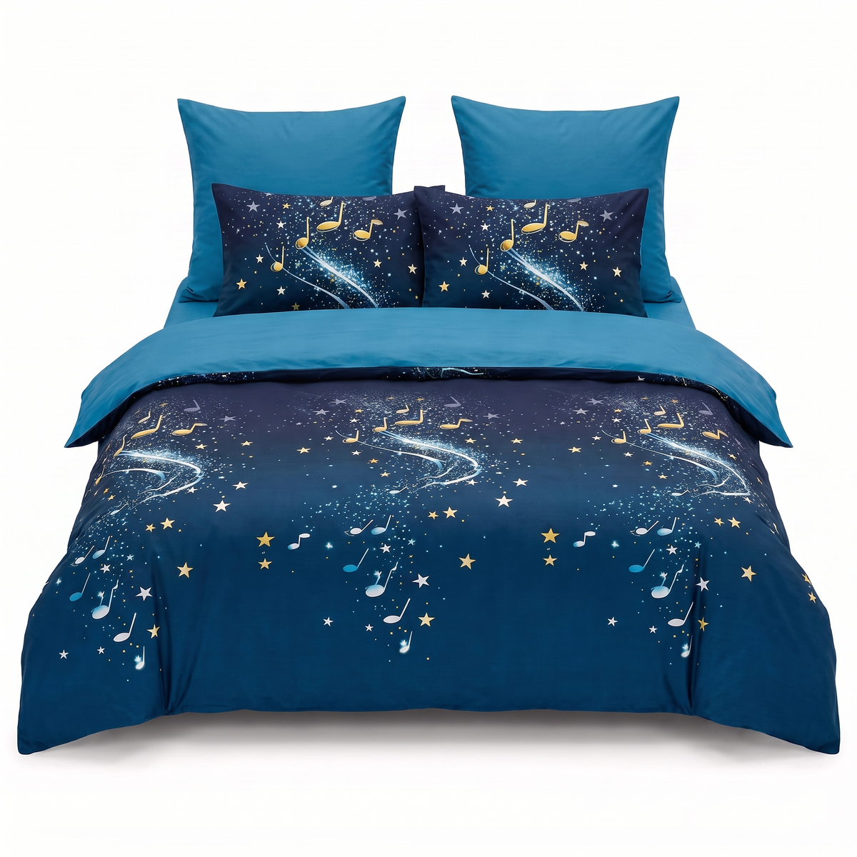 Komplet pościeli z gumką w kolorze niebieskim, w gwiazdy i nuty — widok z przodu