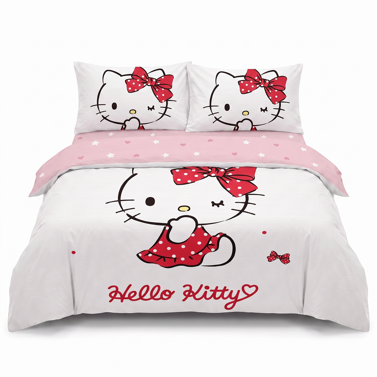 Jednoosobowy komplet pościeli 3D w kolorze białym, z Hello Kitty — widok z przodu