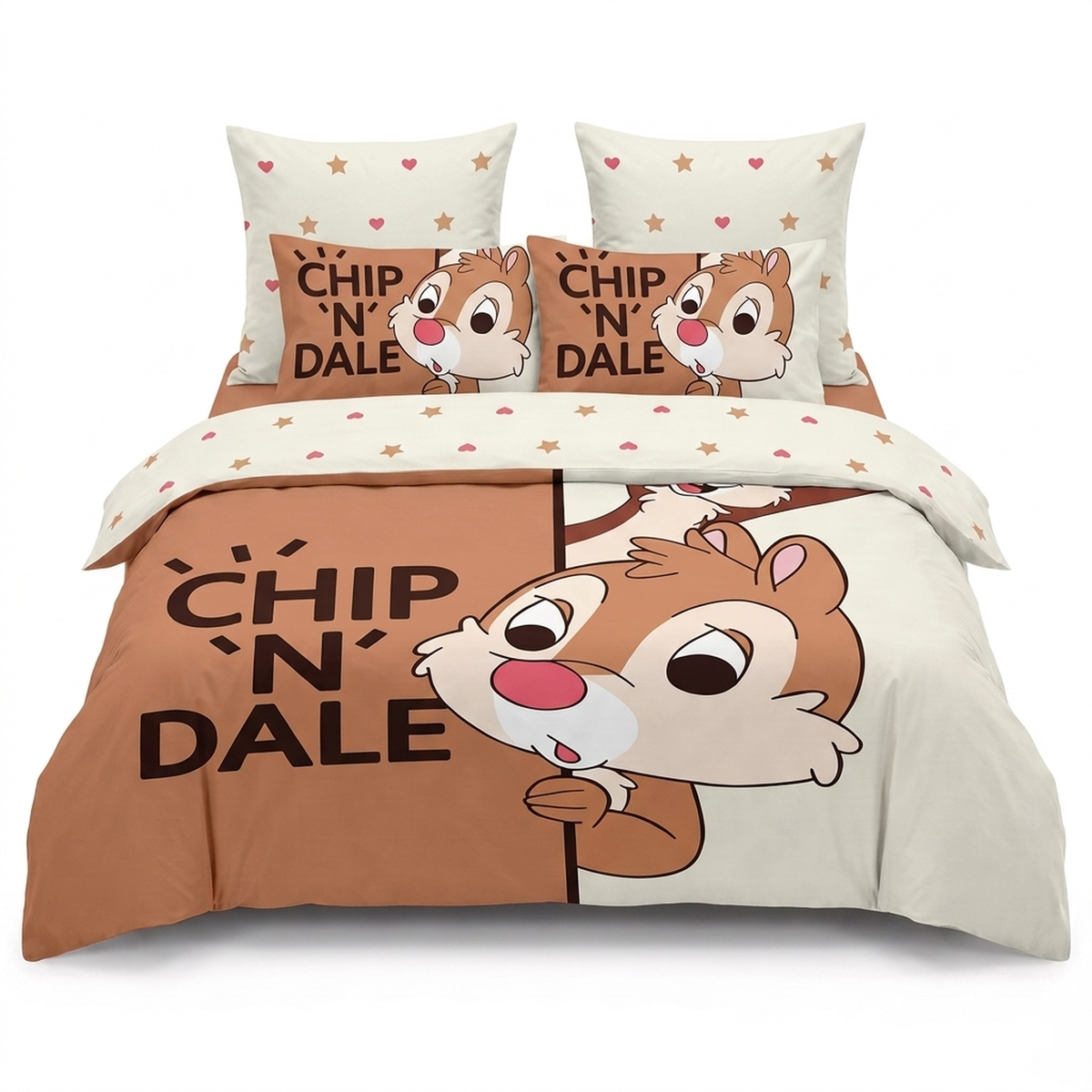 Komplet pościeli 3D w kolorze białym i brązowym, z wiewiórkami Chip i Dale — widok z przodu