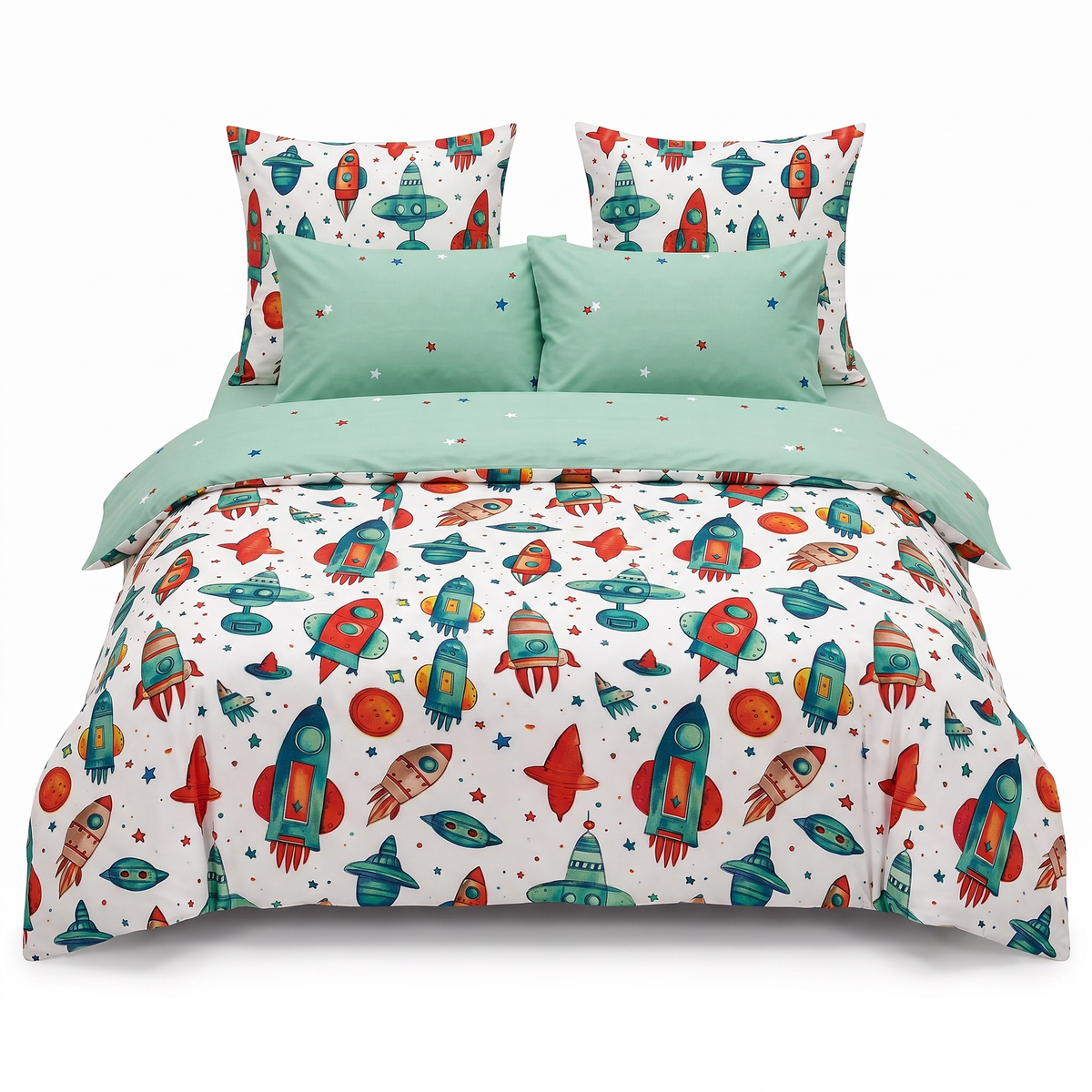Komplet pościeli bez gumki w kolorze białym i zielonym, w kosmiczny wzór — widok z przodu
