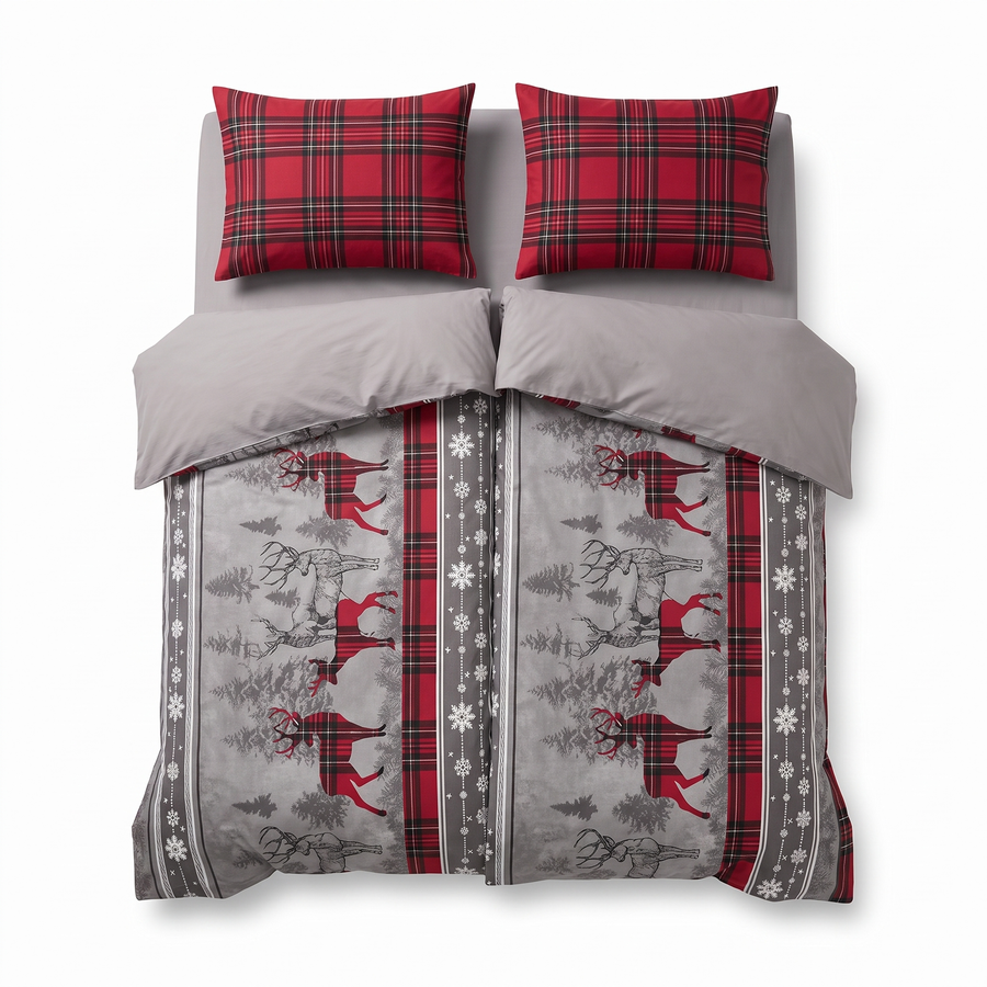 Komplet pościeli z 2 poszwami w kolorze czerwonym i szarym, w jelonki — widok z przodu