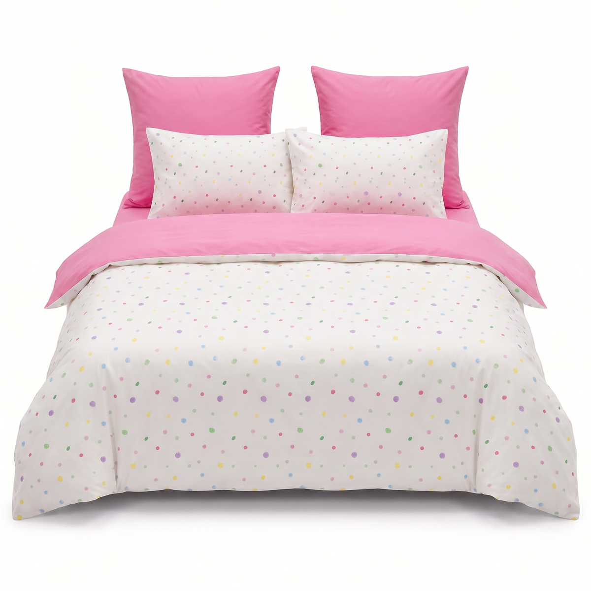 Komplet pościeli z gumką w kolorze białym i różowym, w kropki — widok z przodu