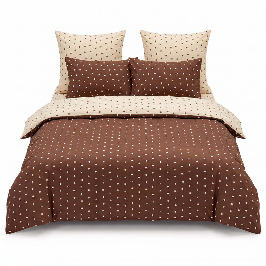 Komplet pościeli z gumką w kolorze brązowym i kremowym, w kropki — widok z przodu