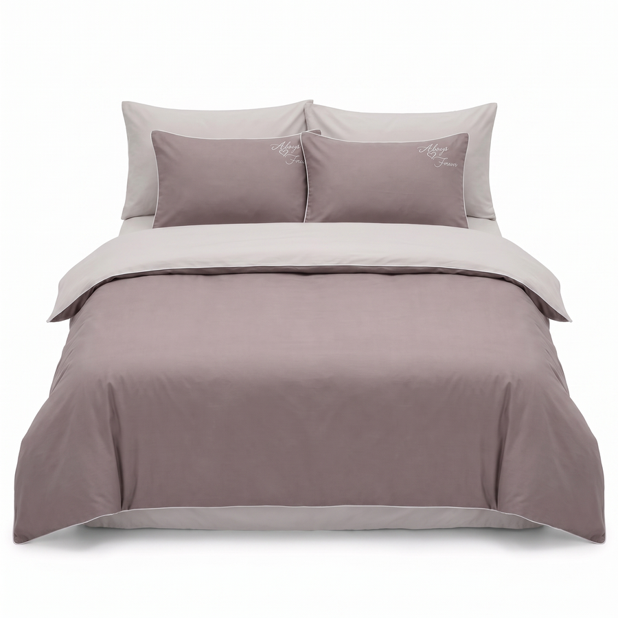 Komplet pościeli z satyny bawełnianej w pastelowym kolorze fiołkowym – 6 elementów — widok z przodu