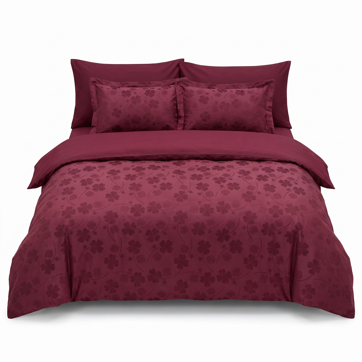 Komplet pościeli z satyny żakardowej CLOVER DARK RED – 6 elementów — widok z przodu