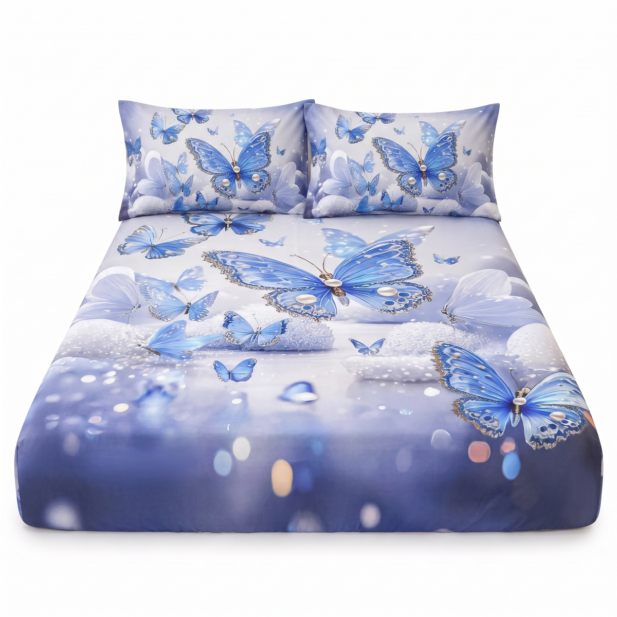 Prześcieradło 5D z gumką i 2 poszewkami — Niebieski w motyle — widok z przodu